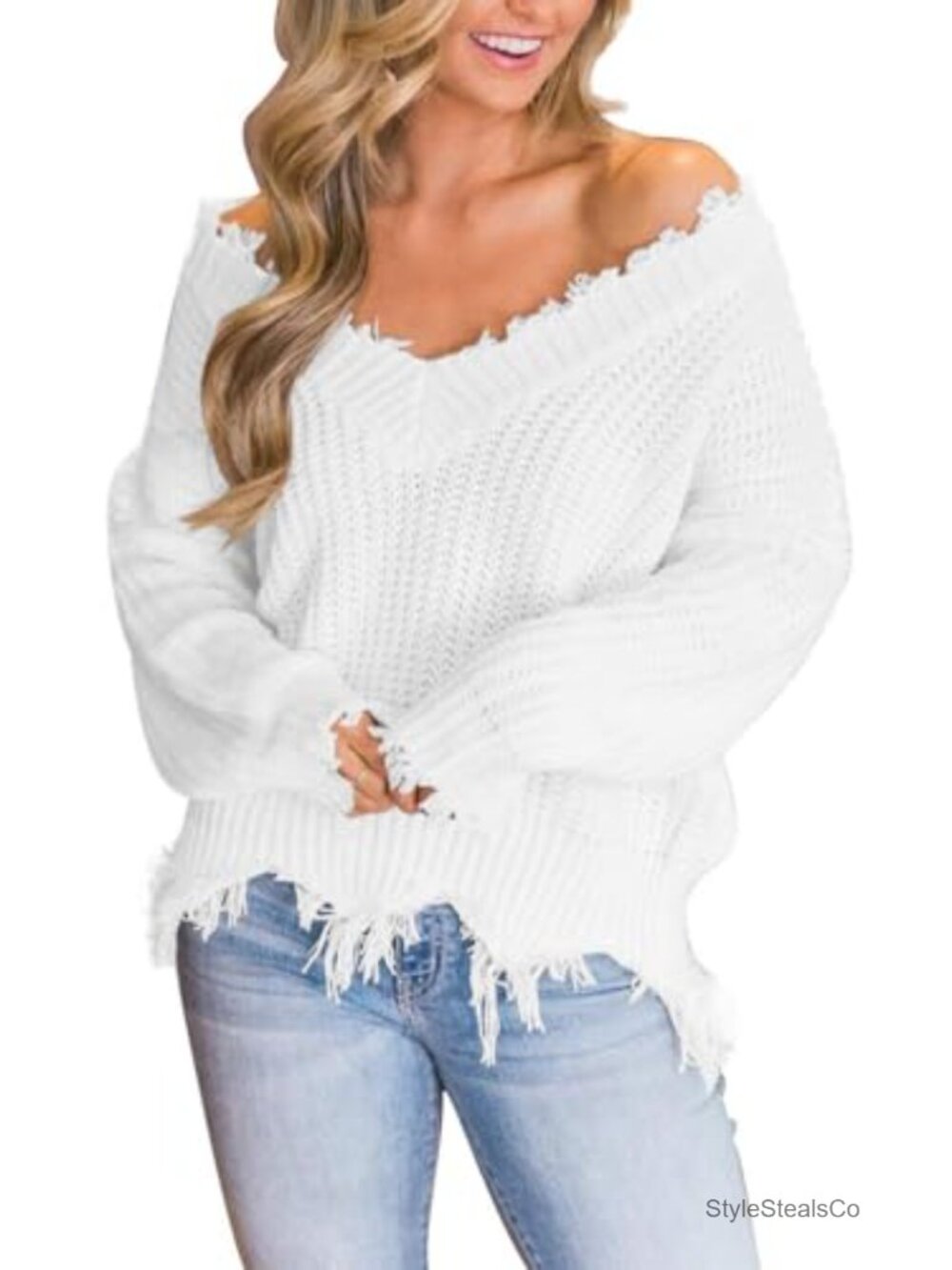 Off the Shoulder Oversized Knit Pullover Sweater Long Sleeve V Neck Frayed Hem